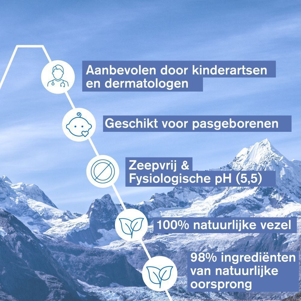 Babyverzorgingsproducten: Zeepvrij, fysiologische pH, 100% natuurlijke vezels, 98% natuurlijke ingrediënten.