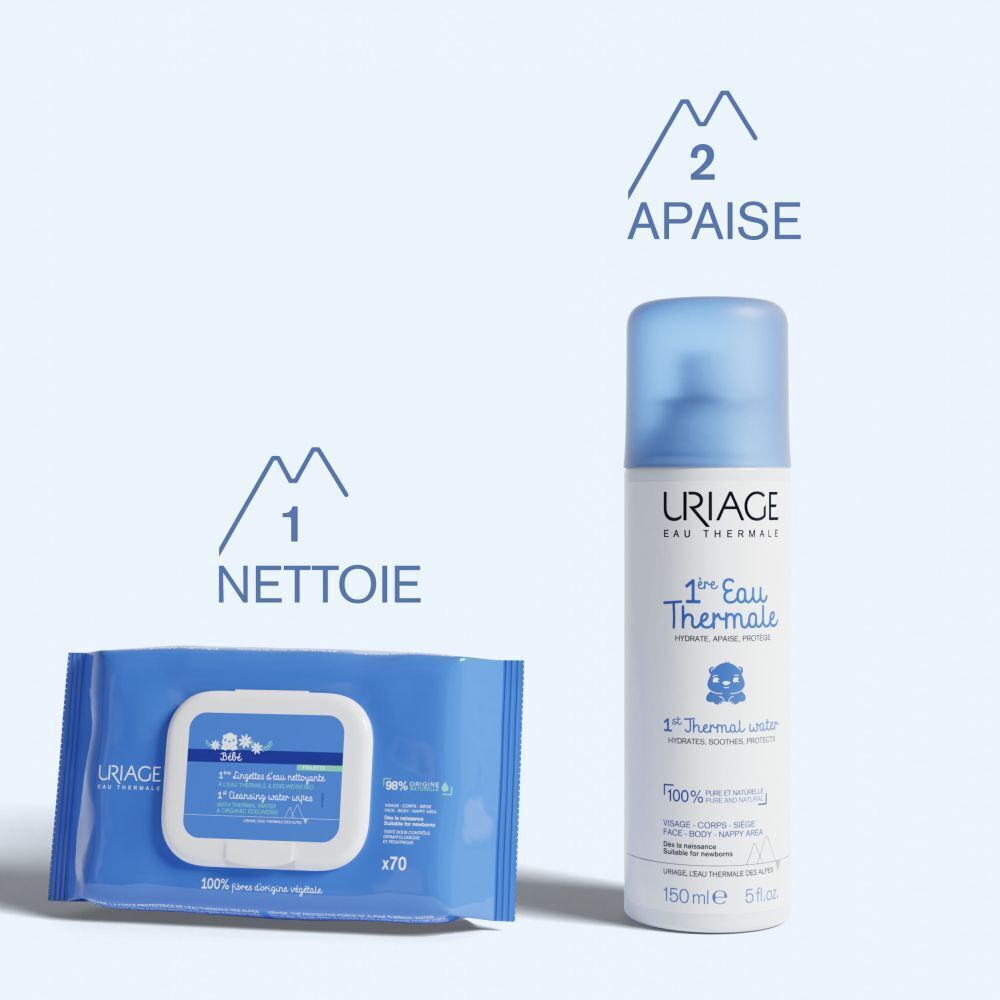 Lingettes Uriage Eau Thermale Bébé et spray d'eau thermale.