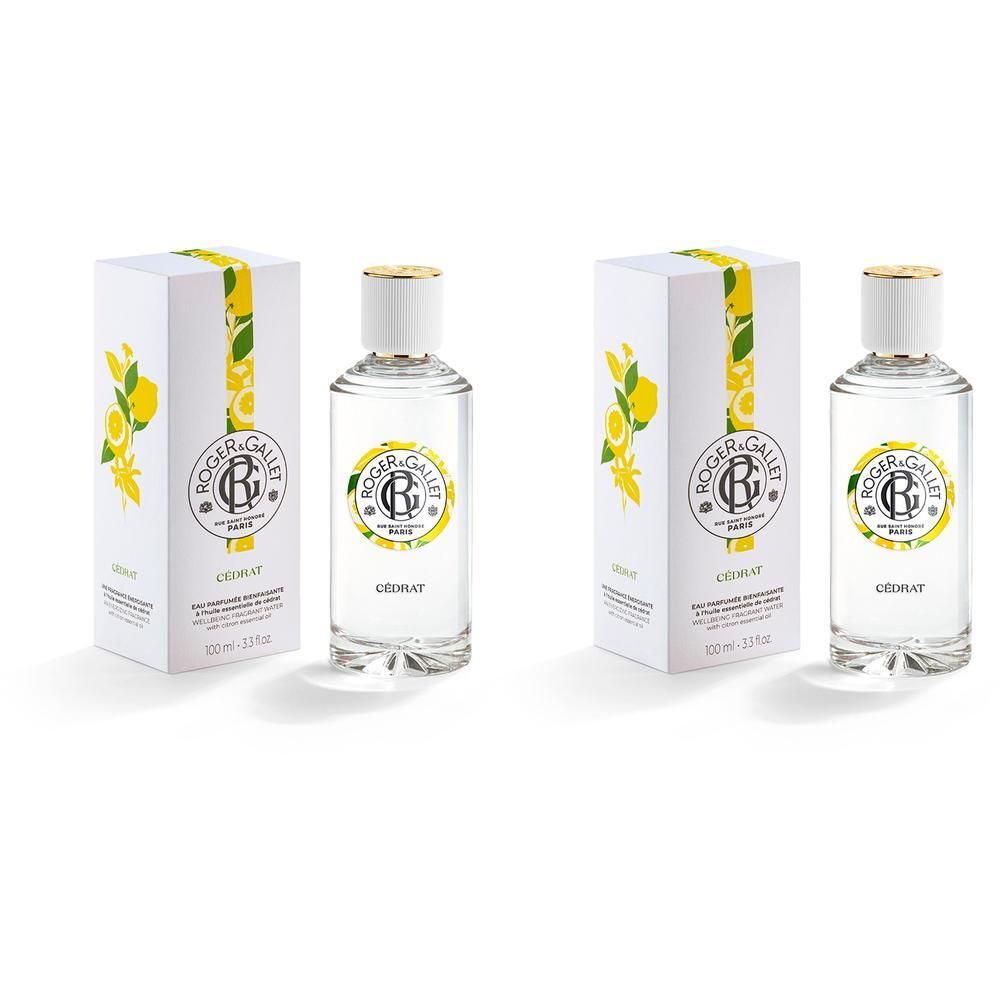 Twee Roger & Gallet Cédrat Eau de Toilette flacons met dozen, citroenmotief.