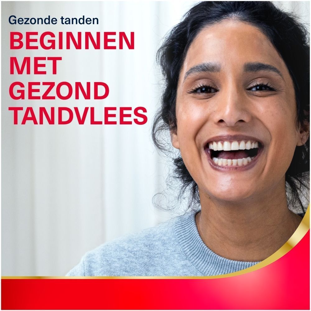 Lachende vrouw met gezonde tanden en tandvlees, gepromoot met 'Gezond Tanden Beginnen Met Gezond Tandvlees'.