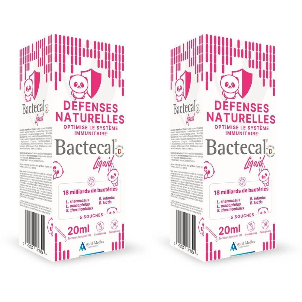Deux flacons de Bactecal Liquid de 20ml. Contient 18 milliards de bactéries de 5 souches pour les défenses naturelles.