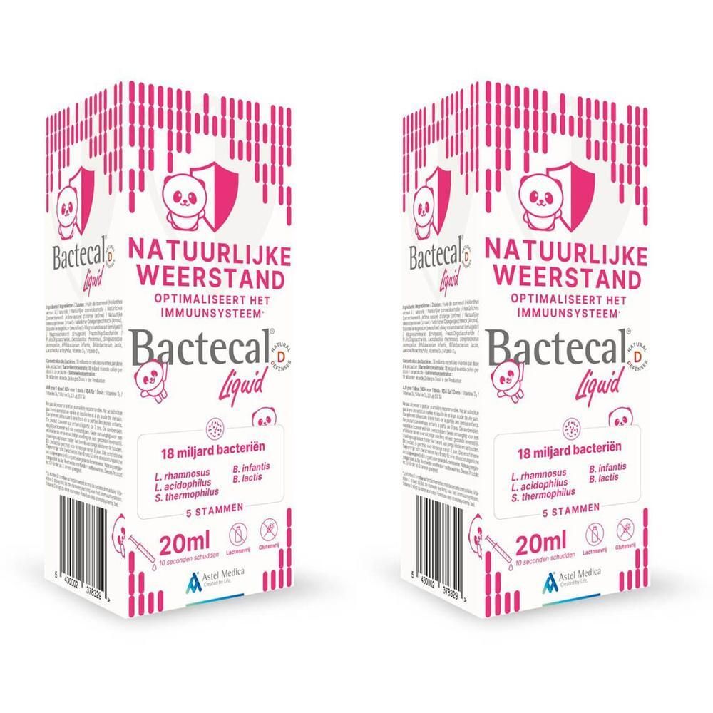 Twee pakken Bactecal Liquid, 20ml, 5 stammen, 10 miljard bacteriën. Voor natuurlijke weerstand.