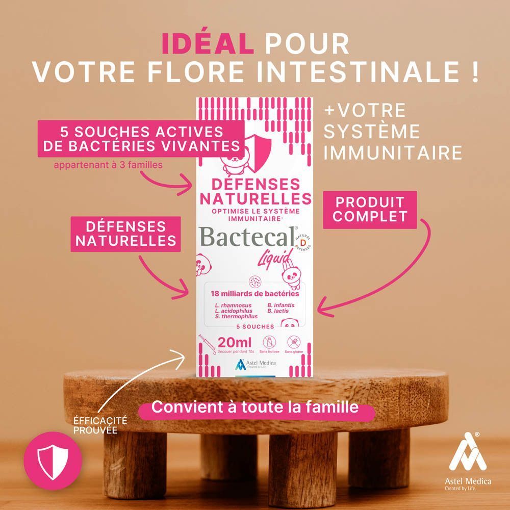 Boîte Bactecal Liquid pour soutenir les défenses naturelles. Contient 18 milliards de bactéries de 5 souches. 20ml.