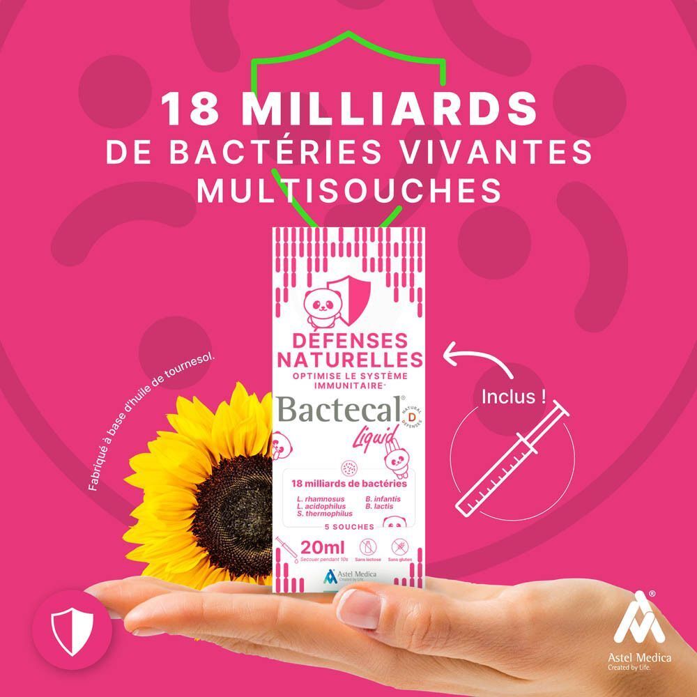 Bactecal Liquid: 18 milliards de bactéries vivantes, 20ml. Pour les défenses naturelles.