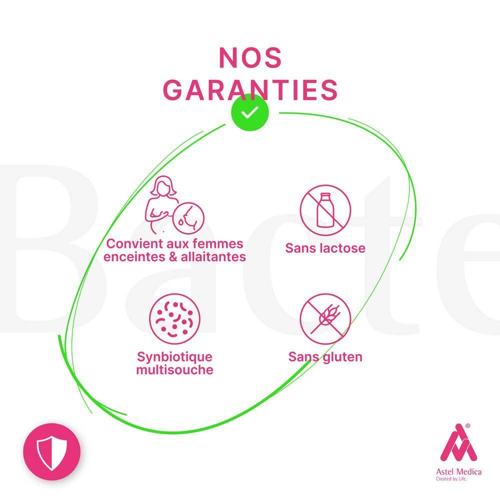 Garanties Astel Medica : pour femmes enceintes, sans lactose, sans gluten.