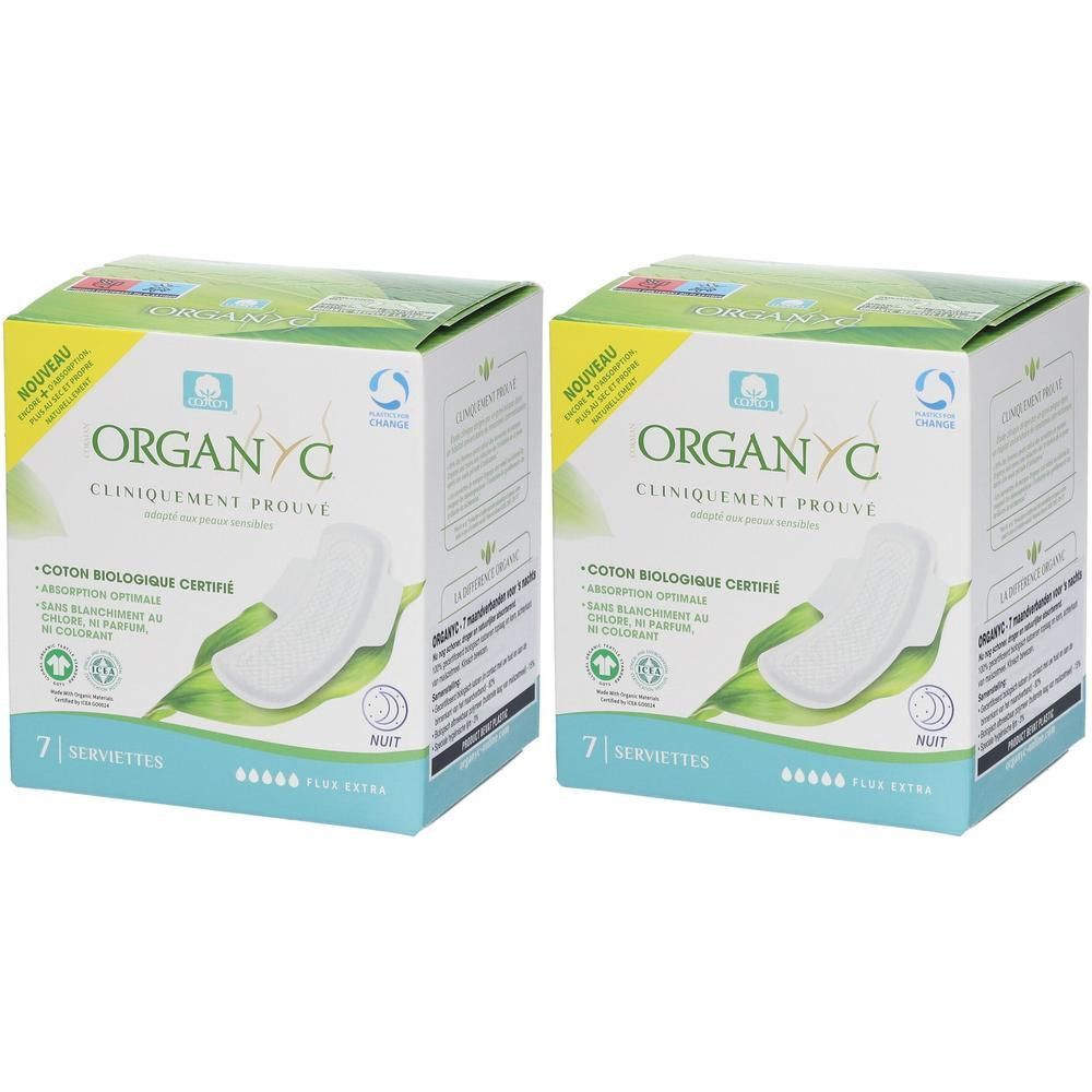Twee pakken ORGANYC maandverband, 7 stuks per pak, van biologisch katoen.