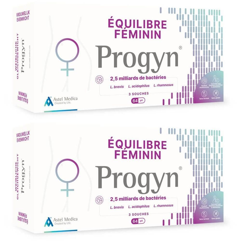 Deux boîtes de Progyn pour l'équilibre féminin. Chaque boîte contient 2,5 milliards de bactéries de 3 souches.