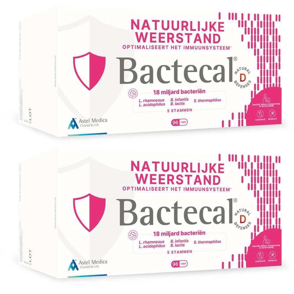 Twee verpakkingen "Bactecal" ter versterking van de natuurlijke weerstand. Bevat 18 miljard bacteriën.