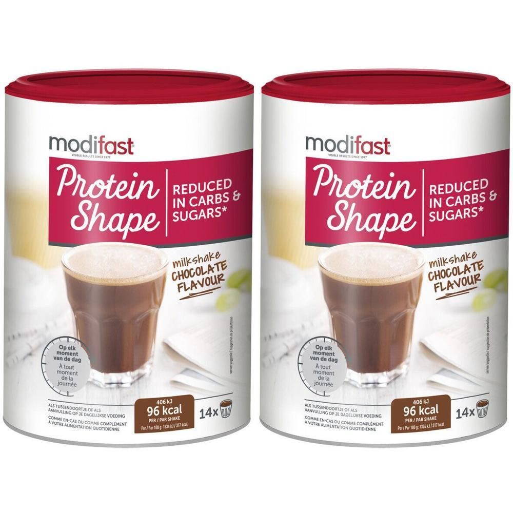 Twee blikken Modifast Protein Shape chocolade milkshake, verlaagd in koolhydraten.