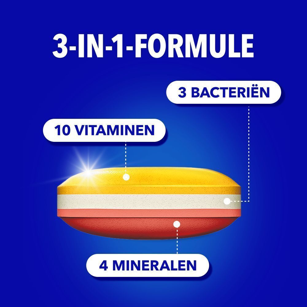 3-in-1 formule met 10 vitaminen, 4 mineralen en 3 bacteriën, weergegeven als een gelaagde pil.