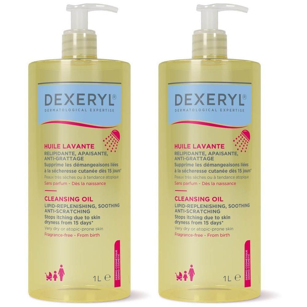 Deux grandes bouteilles pompe jaunes étiquetées 'DEXERYL Huile Lavante'. Elles sont placées côte à côte.