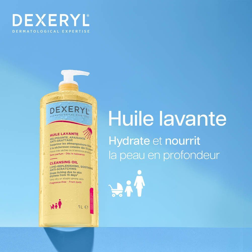 Une grande bouteille d'huile lavante Dexeryl avec un distributeur à pompe.