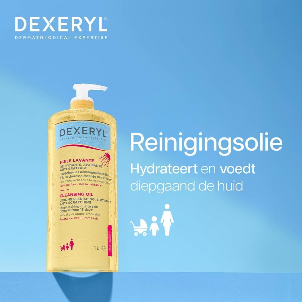 Dexeryl reinigingsolie (1L) met doseerpomp. Hydrateert en voedt de huid diepgaand.