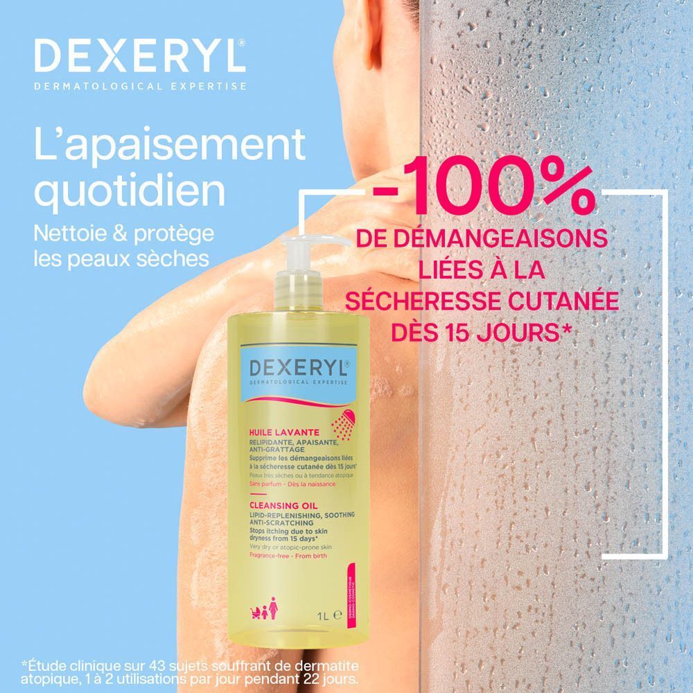 Une personne se lavant l'épaule, à côté d'une bouteille d'huile lavante Dexeryl.