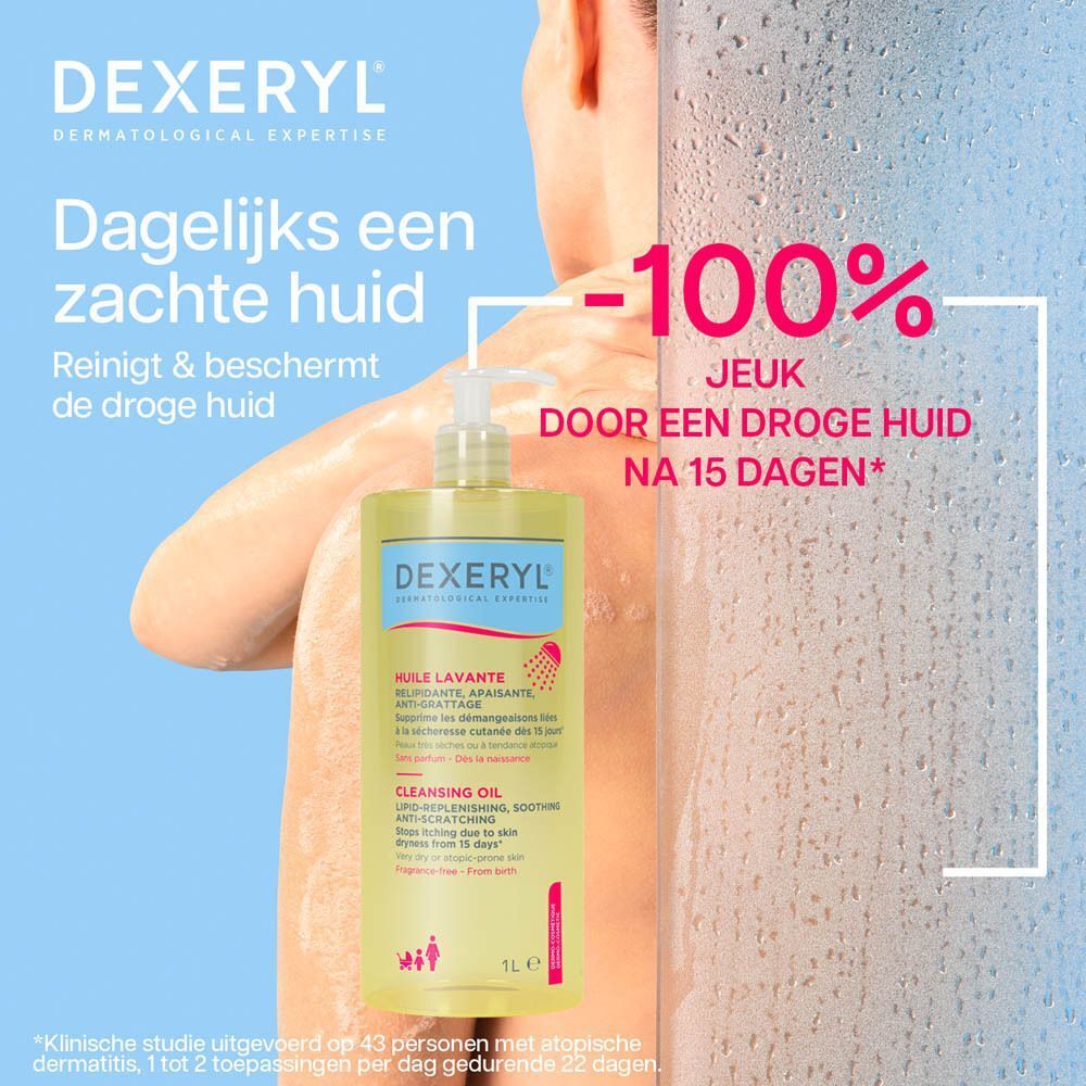 Een grote gele Dexeryl Huit Lavante fles met pompdosering, naast een persoon onder de douche.