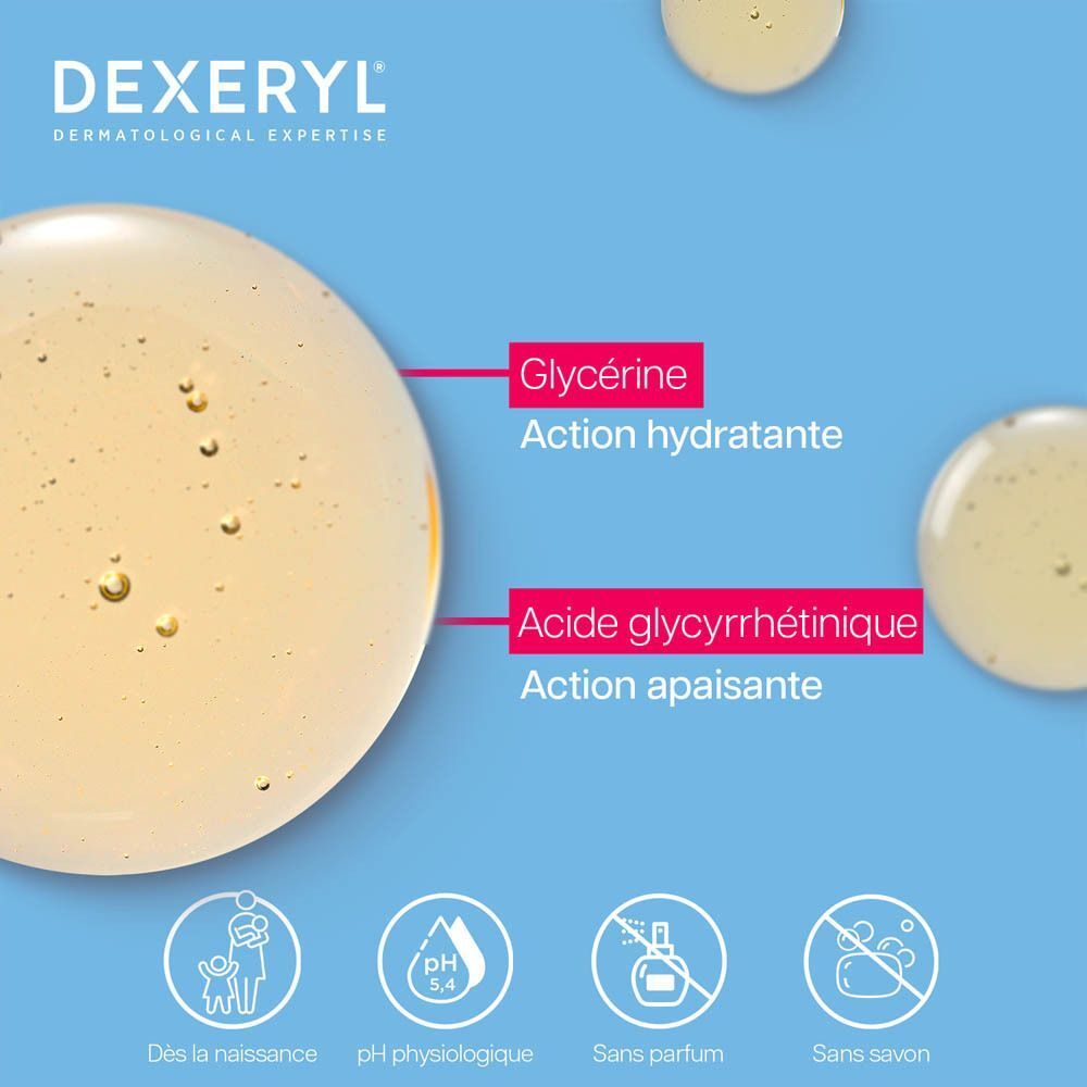 DEXERYL Expertise Dermatologique : Glycérine hydratante, Acide Glycyrrhétinique apaisant.