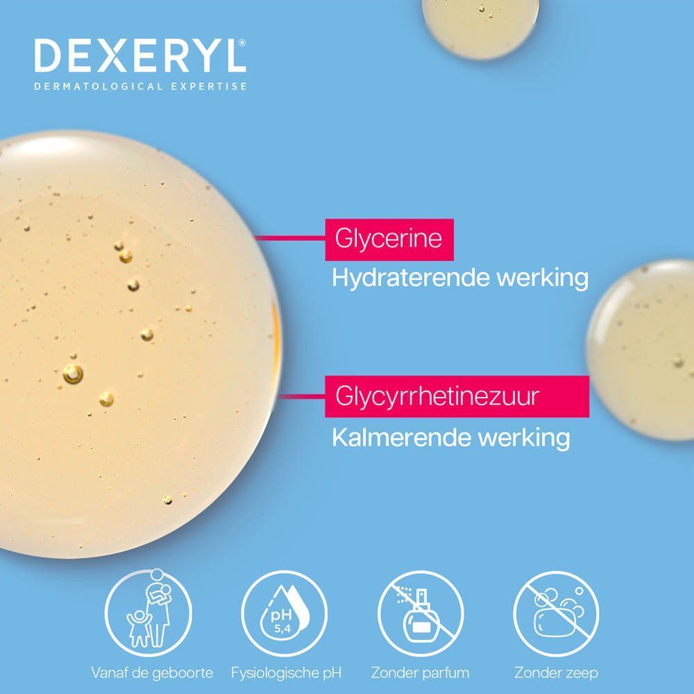 Dexeryl Huidverzorging: Glycerine voor hydraterende werking, Glycyrrhetinezuur voor kalmerende werking. Vanaf de geboorte, fysiologische pH, zonder parfum, zonder zeep.