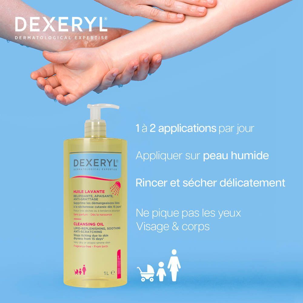 Flacon Dexeryl Huile Lavante 1L avec pompe, pour visage et corps, doux pour la peau.