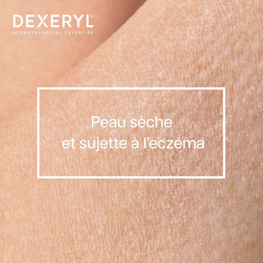 Gros plan sur peau sèche sujette à l'eczéma avec le logo Dexeryl.