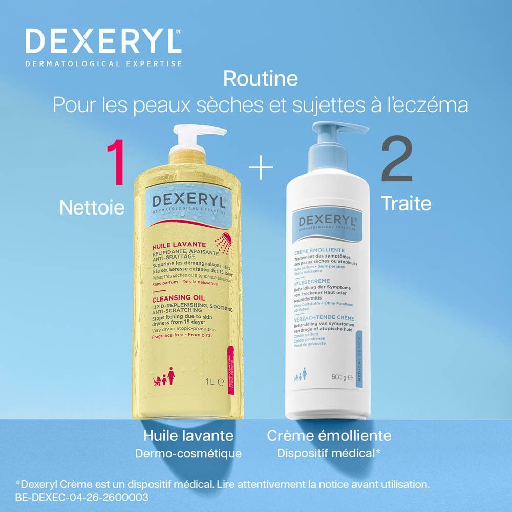Routine Dexeryl : Nettoyer avec 1L d'huile lavante, Traiter avec 400g de crème émolliente.