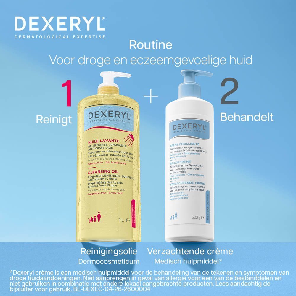 Dexeryl Routine: Reinigingsolie (1L) en verzachtende crème (500g) voor droge en eczeemgevoelige huid.