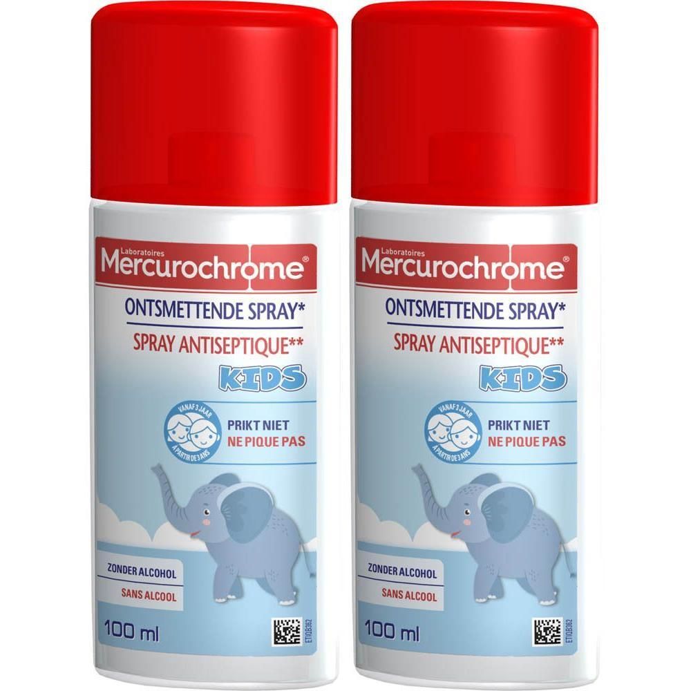 Twee spuitflessen Mercurochrome Antiseptische Spray voor kinderen, 100 ml, zonder alcohol.