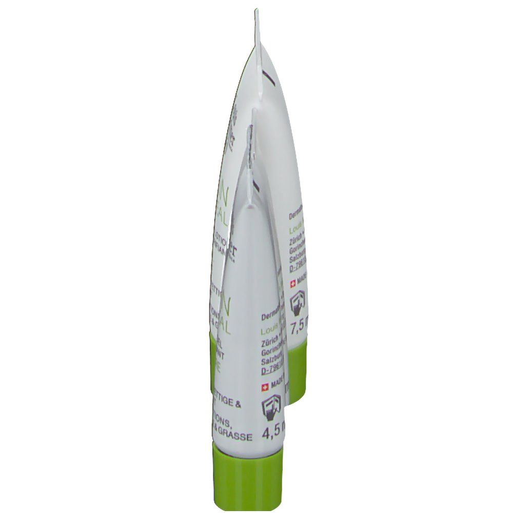 Deux tubes Louis Widmer Skin Appeal, vue latérale. Blanc avec bouchons verts. Texte: Lotion, 4,5 ml et 7,5 ml.