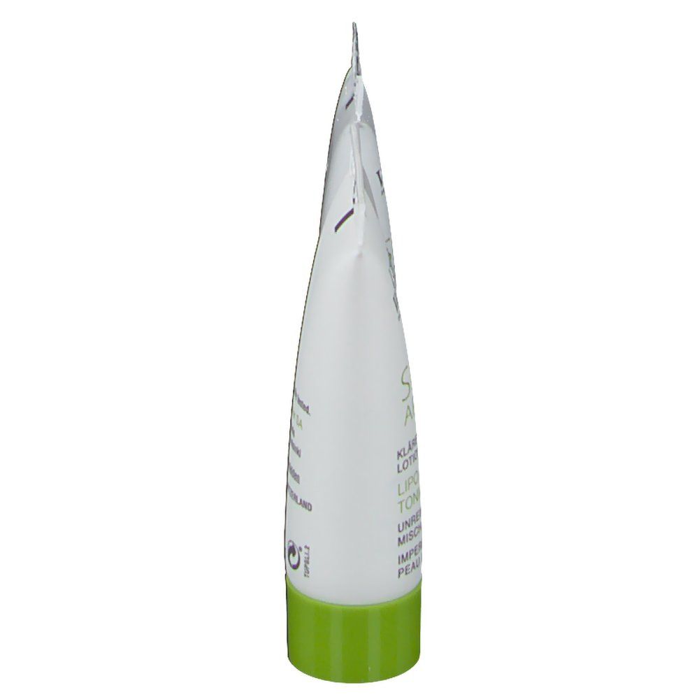 Un tube Louis Widmer Skin Appeal, vue latérale. Blanc avec bouchon vert. Texte: Lotion. Pour peaux mixtes et grasses.