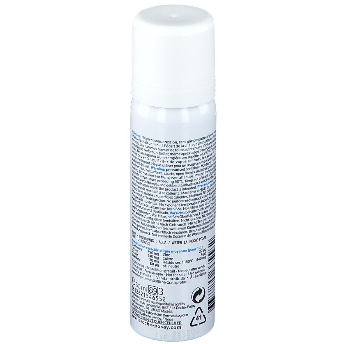 Spray blanc, dos avec texte et informations. 50 ml. Symbole de recyclage. Texte: La Roche-Posay.