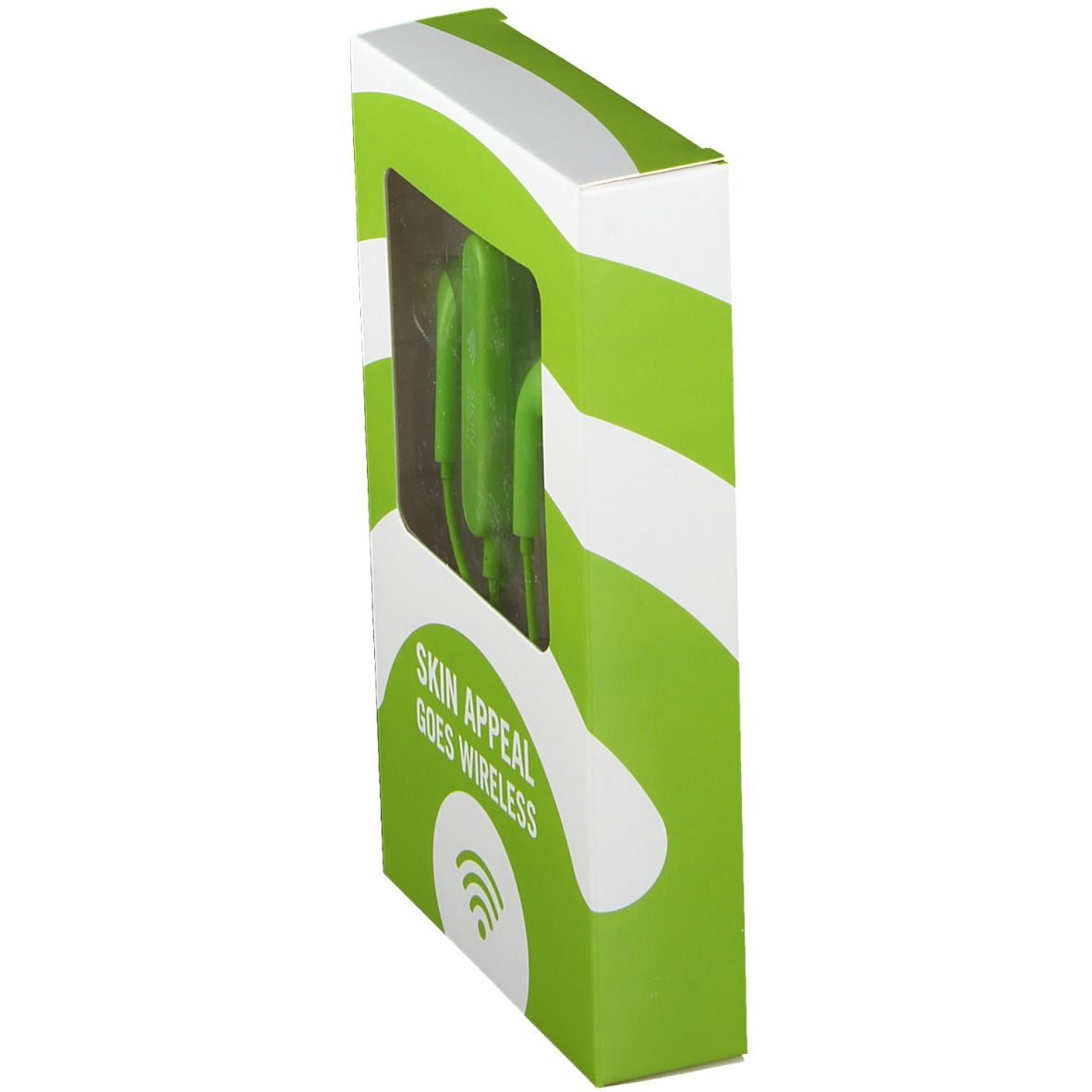 Emballage avec écouteurs intra-auriculaires verts. Texte: SKIN APPEAL GOES WIRELESS. Fenêtre.