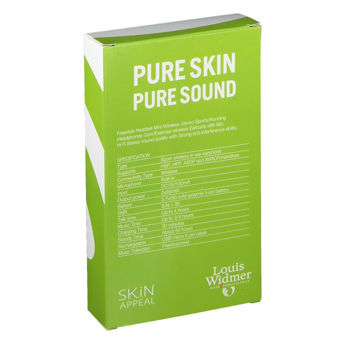 Dos de l'emballage avec informations sur le produit. Texte: PURE SKIN PURE SOUND. Logo: Louis Widmer.