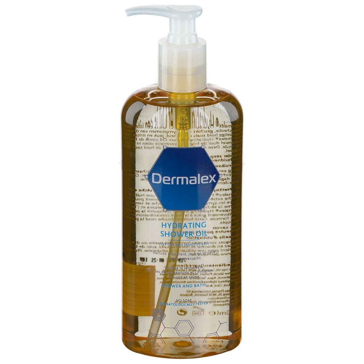 Flacon transparent contenant un liquide ambré avec pompe. Étiquette avec logo et texte. Huile de douche hydratante.
