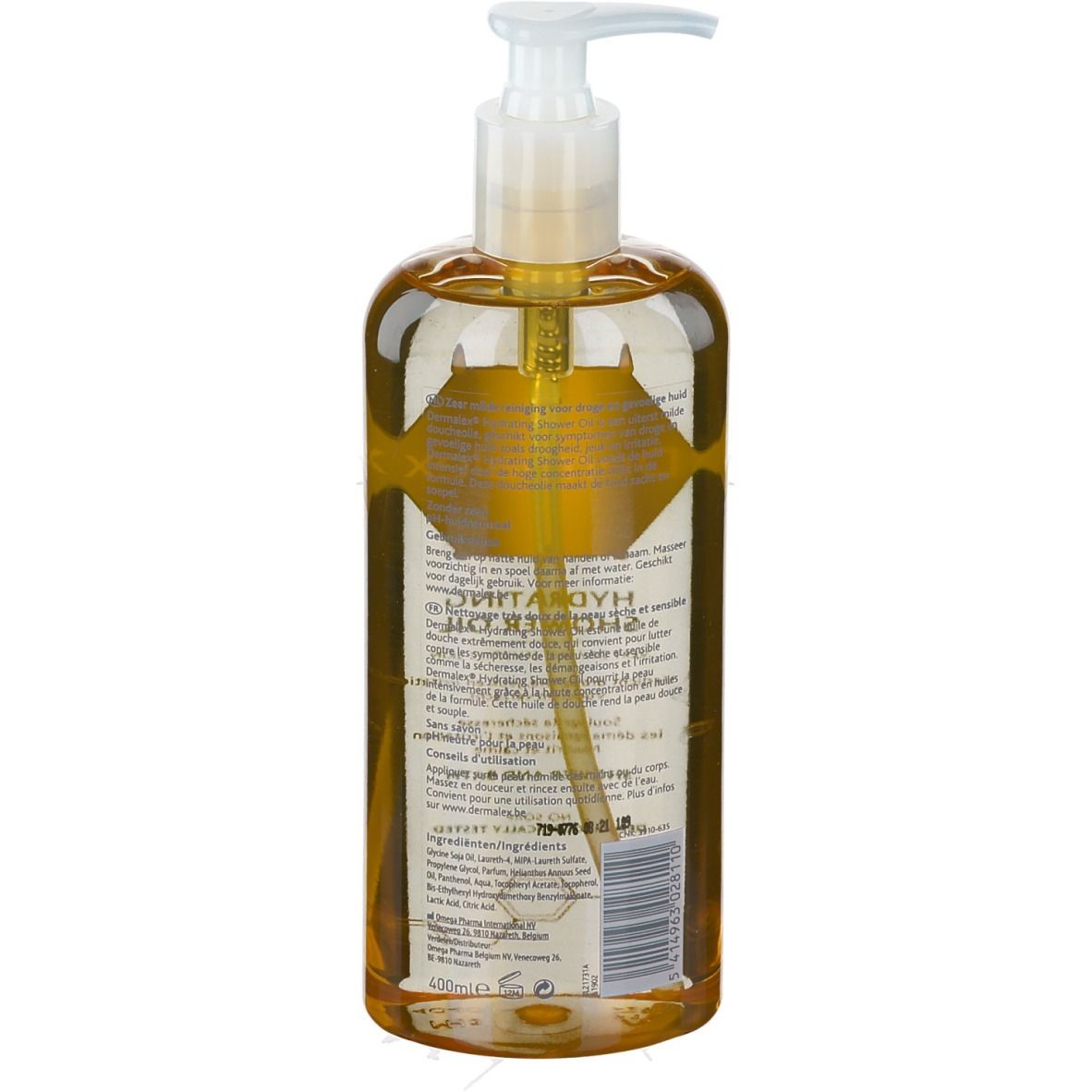 Flacon transparent avec liquide ambré et pompe. Vue arrière avec texte et code-barres. Huile de douche hydratante.