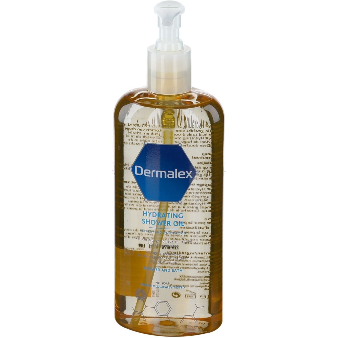 Flacon transparent avec liquide ambré et pompe. Étiquette avec logo et texte. Huile de douche hydratante.