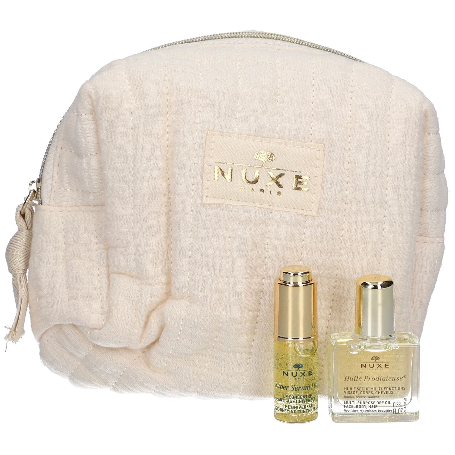 Beige toilettas met rits en goudkleurig logo. Twee kleine flesjes met goudkleurige doppen.