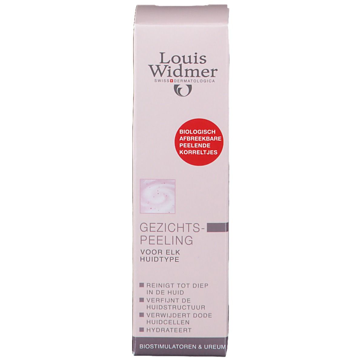 Verpakking met productnaam en tekst. Rode cirkel met tekst. Gezichtspeeling voor elk huidtype. Reinigt, verfijnt, verwijdert, hydrateert.