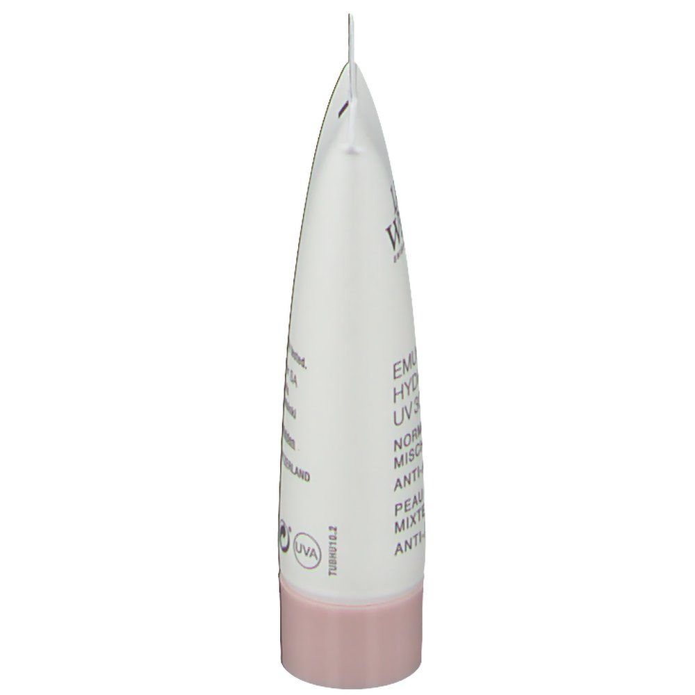 Vue latérale du tube Louis Widmer Emulsion Hydro-Active UV30. Blanc, bouchon rose. Texte imprimé.