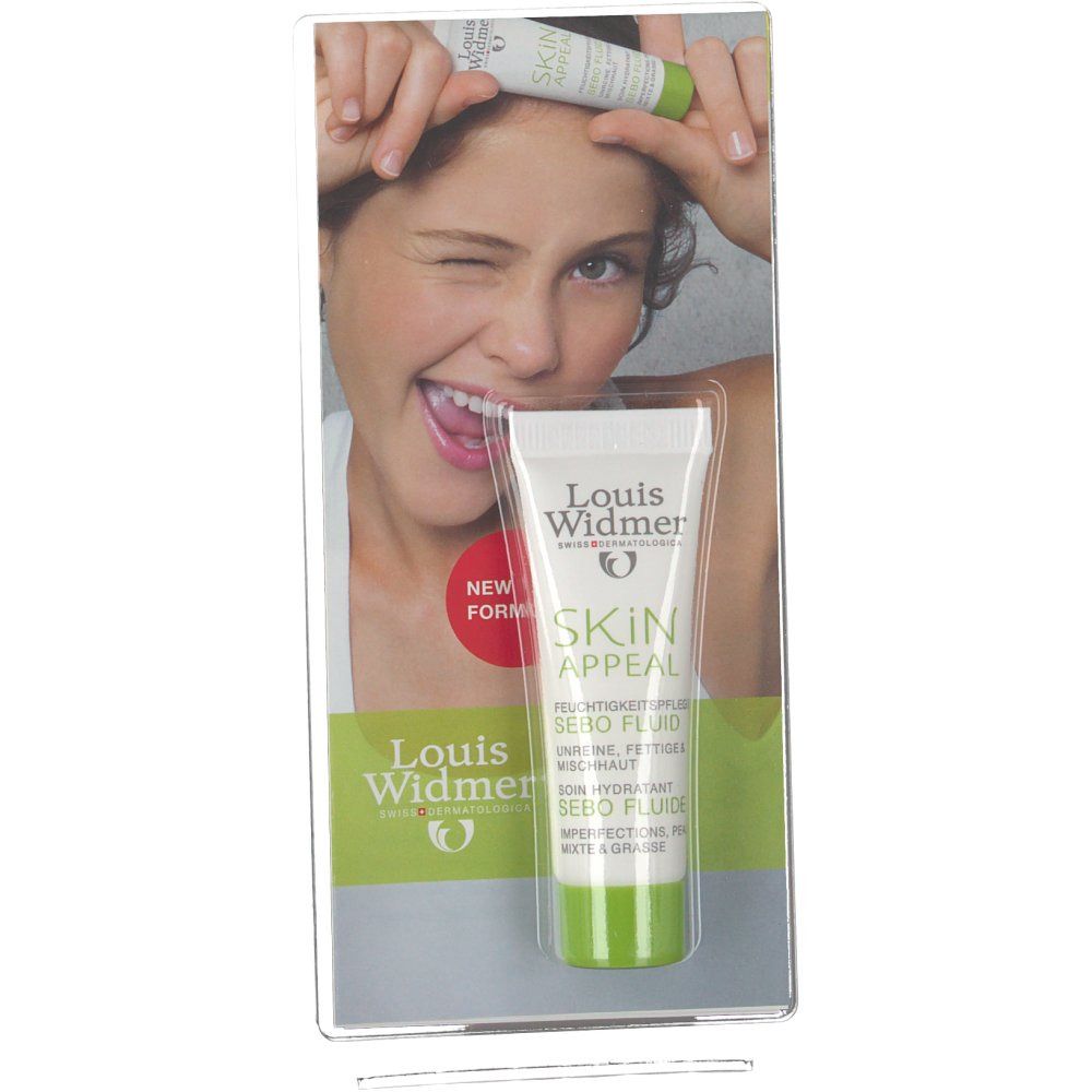 Productverpakking met tube. Opschrift: Louis Widmer Skin Appeal Sebo Fluide. Vrouw houdt tube vast.