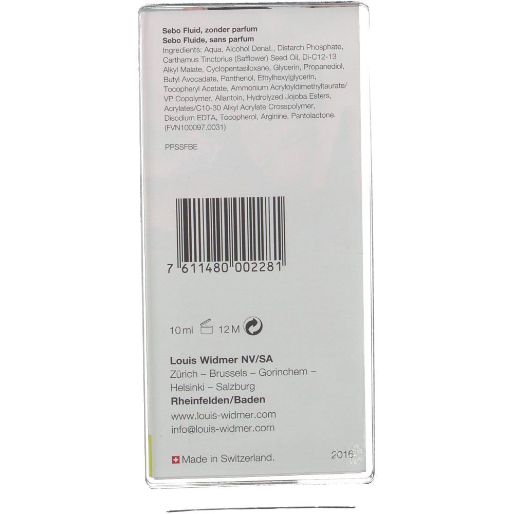 Productverpakking met ingrediënten, barcode en logo. Tekst: Louis Widmer. Gemaakt in Zwitserland.