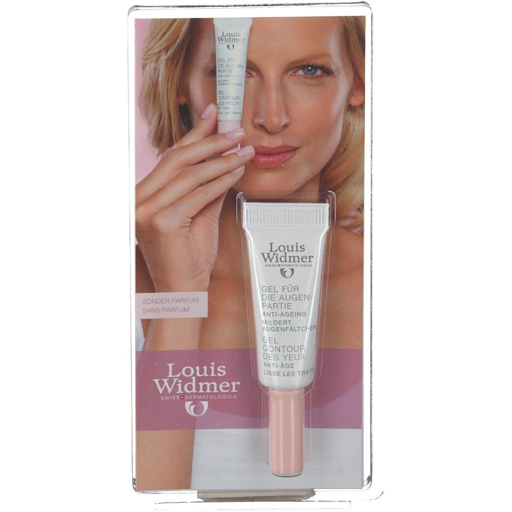 Gel contour des yeux anti-âge. Tube avec bouchon rose. Présentoir avec image du produit et visage féminin.