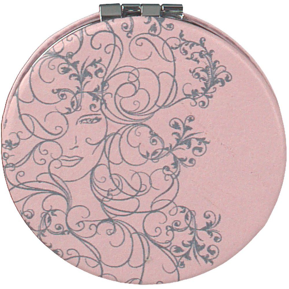 Miroir cosmétique rond rose avec dessin de femme et éléments floraux gris. Charnière argentée.