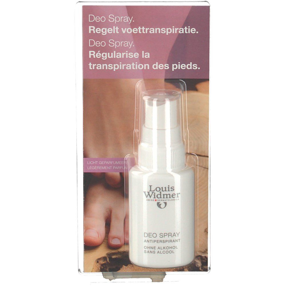 Spray déodorant blanc Louis Widmer. Inscription: Deo Spray, Antitranspirant, sans alcool. Emballage plastique.