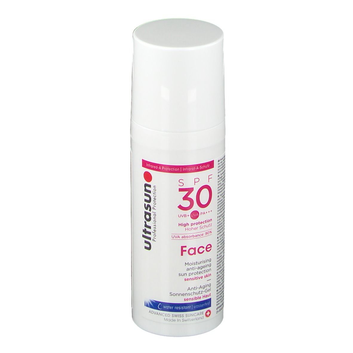 Flacon blanc avec bouchon blanc. Inscription SPF 30, Face, Ultrasun. Pour peaux sensibles.