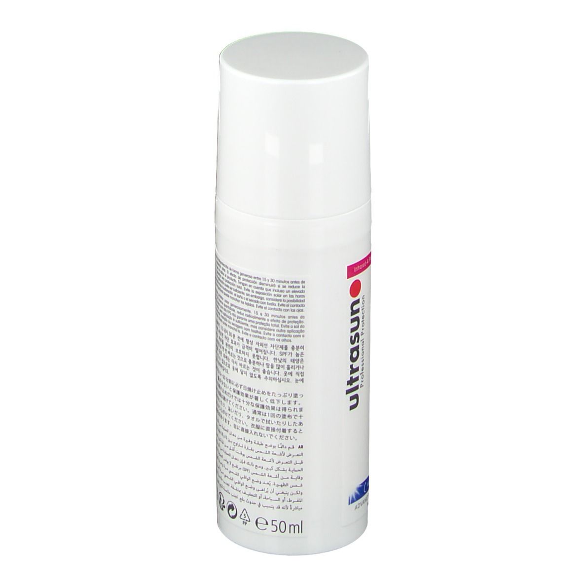 Bouteille blanche avec bouchon blanc, inscription "ultrasun" et indication 50ml.