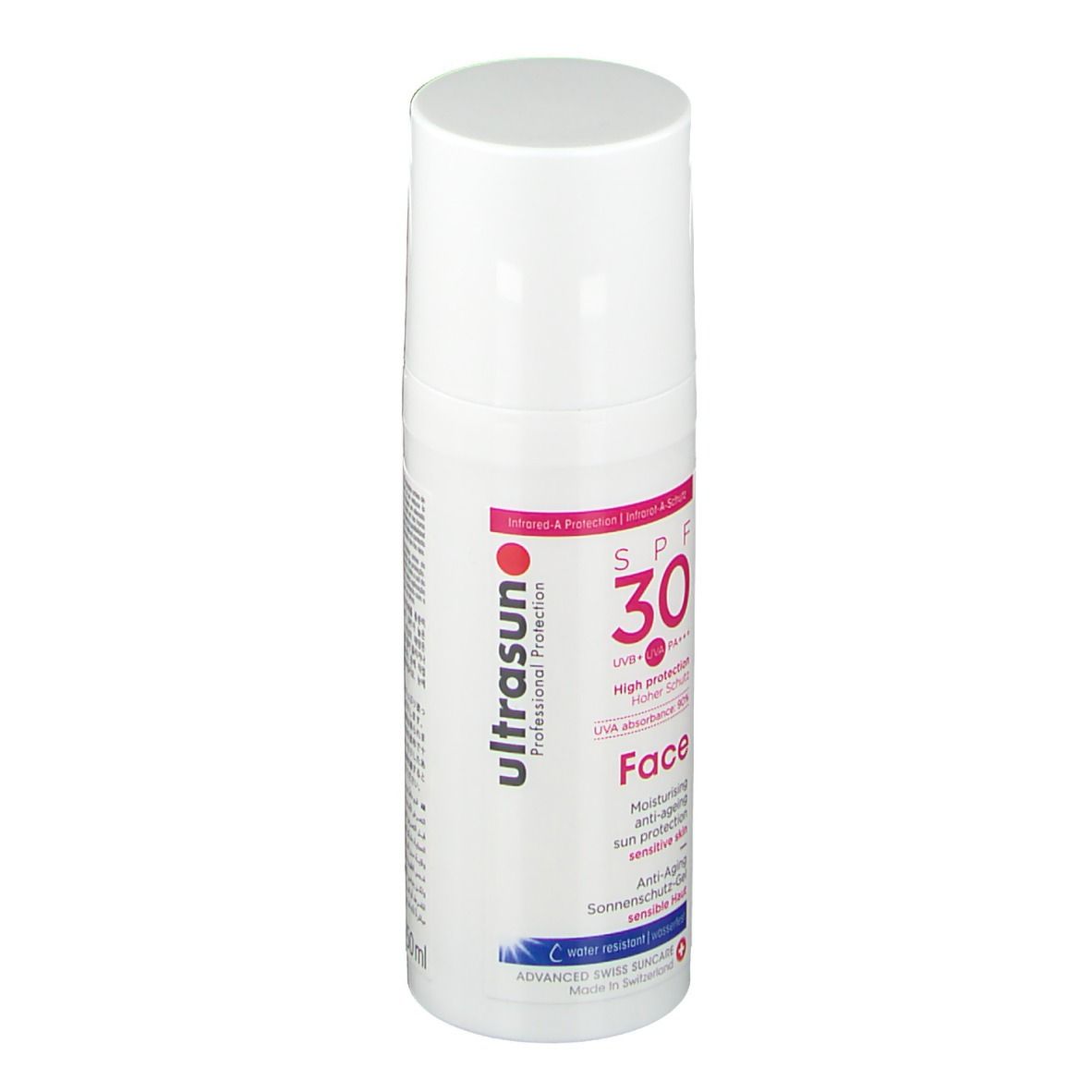 Ultrasun protection solaire visage SPF 30. Flacon blanc avec pompe.