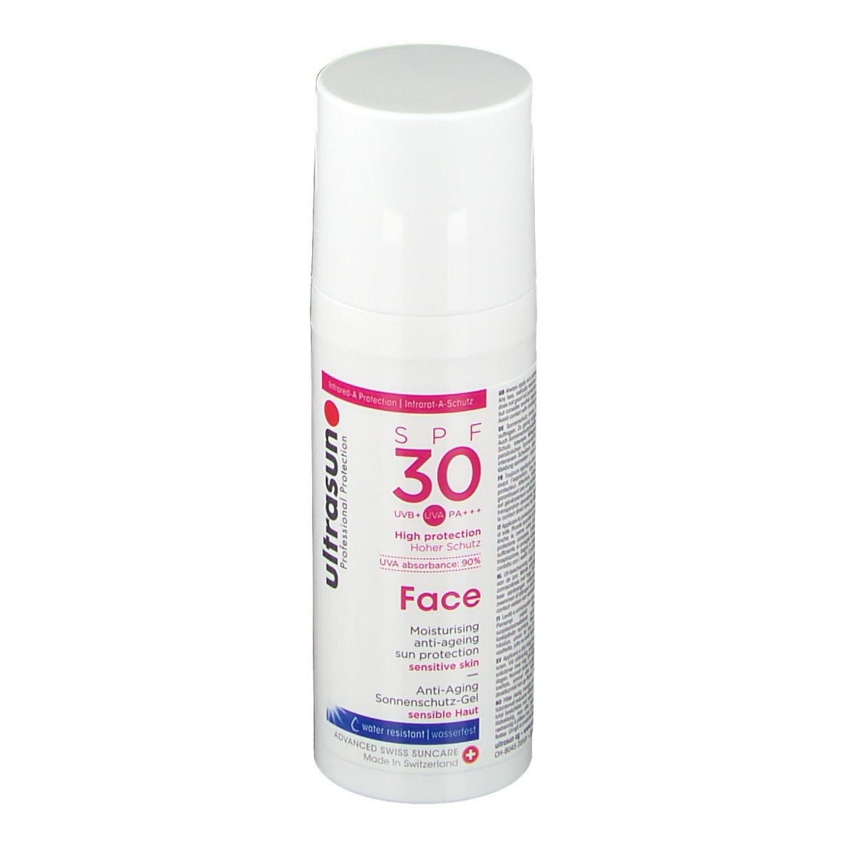 Flacon blanc avec bouchon blanc. Inscription SPF 30, Face, Ultrasun. Pour peaux sensibles.