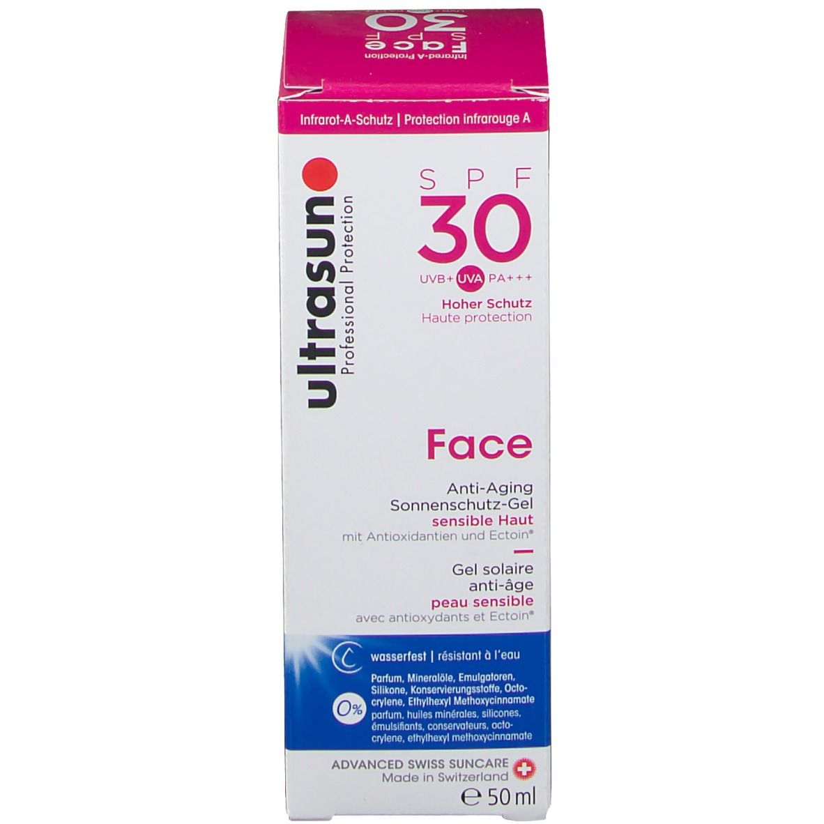 Boîte avec inscription SPF 30, Face, Ultrasun. Pour peaux sensibles. 50ml.