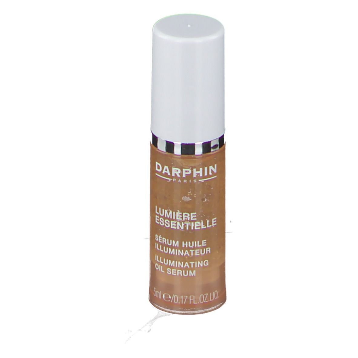 Darphin Lumière Essentielle Illuminating Oil Serum. Bruine glazen fles met witte dop. Tekst: Lumière Essentielle, Illuminating Oil Serum.