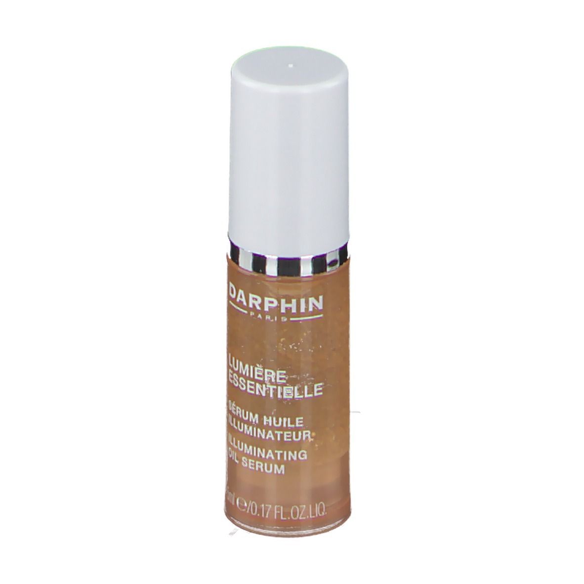 Darphin Lumière Essentielle Illuminating Oil Serum. Bruine glazen fles met witte dop. Tekst: Lumière Essentielle, Illuminating Oil Serum.