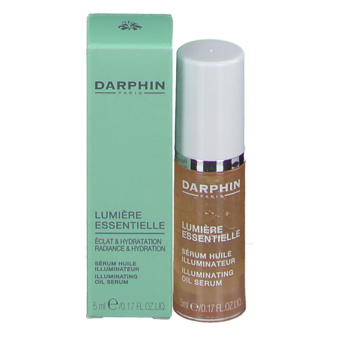 Darphin Lumière Essentielle Oil Serum en verpakking. Groene doos en bruine glazen fles met witte dop.